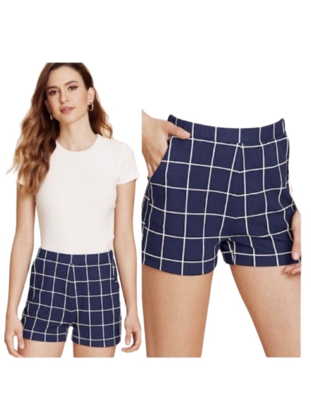 Navy White Windowpane Plaid Preppy High Waisted Stretch Shorts Small NWOT